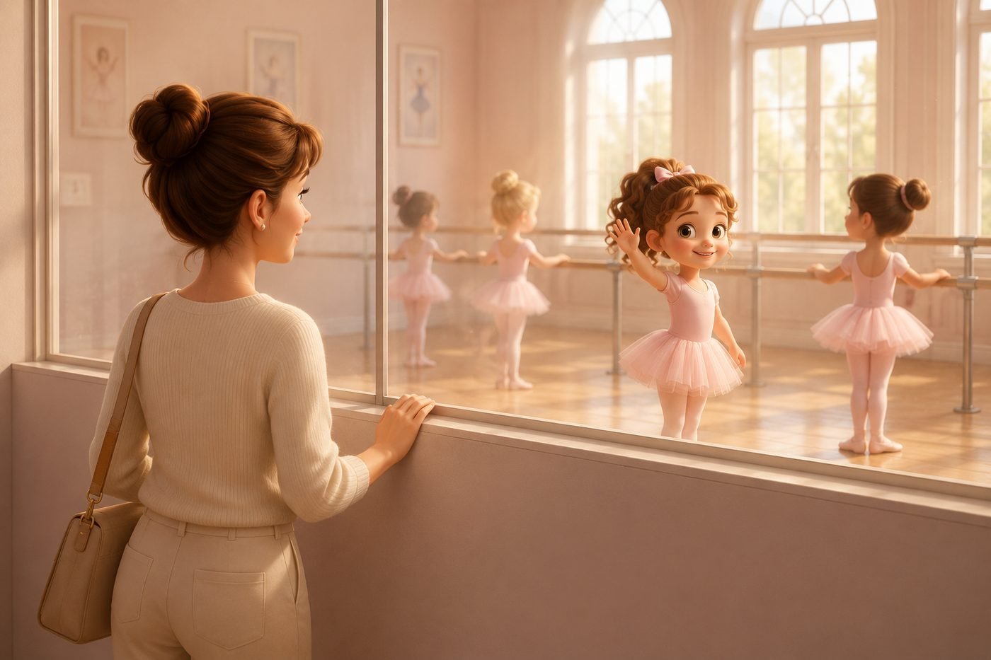Mutter beobachtet ihre Tochter durch das Sichtfenster des Ballettsaals