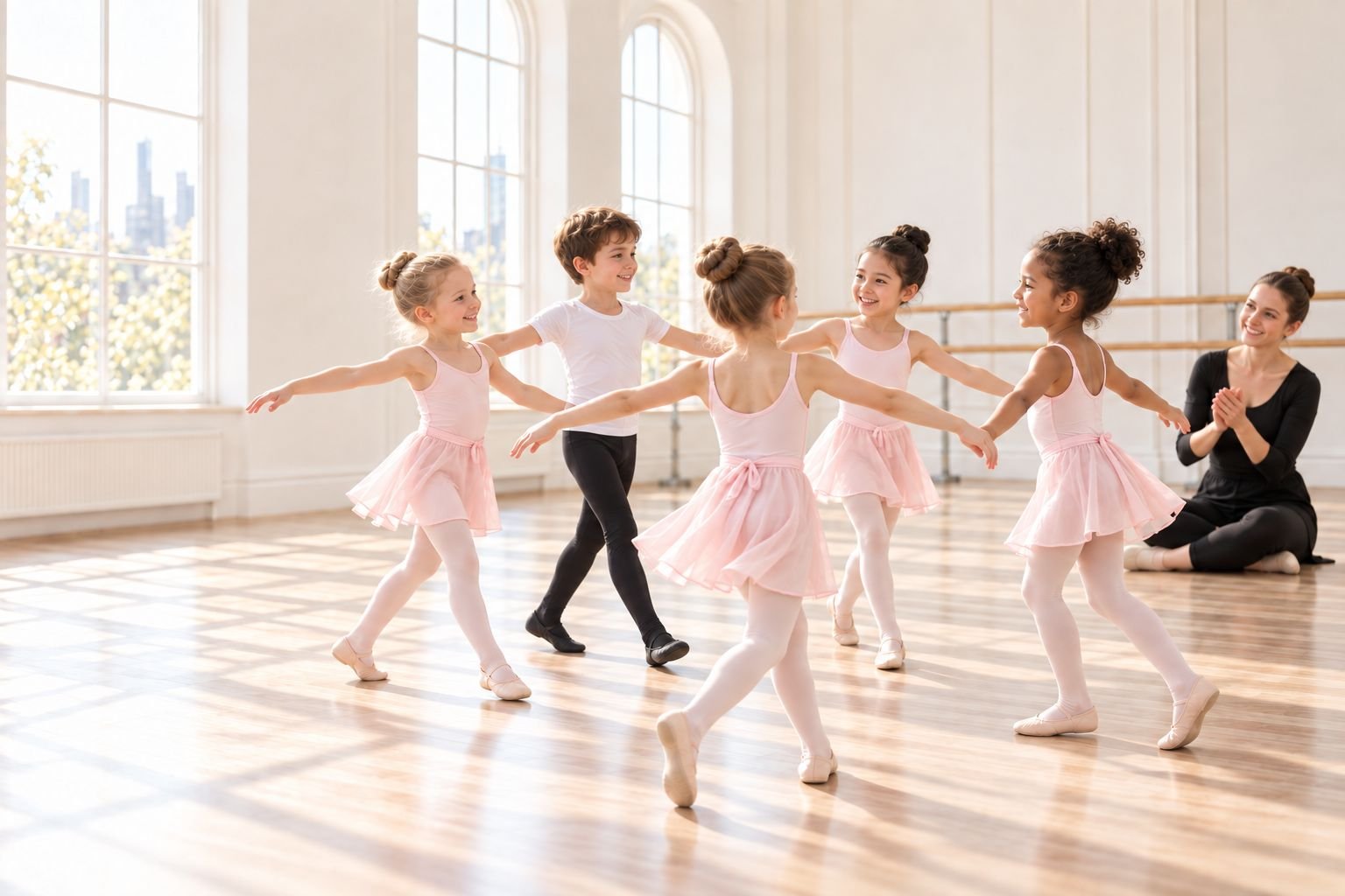 Jüngere Kinder tanzen im Kreis in einem hellen Ballettstudio, darunter ein Junge im weißen Oberteil