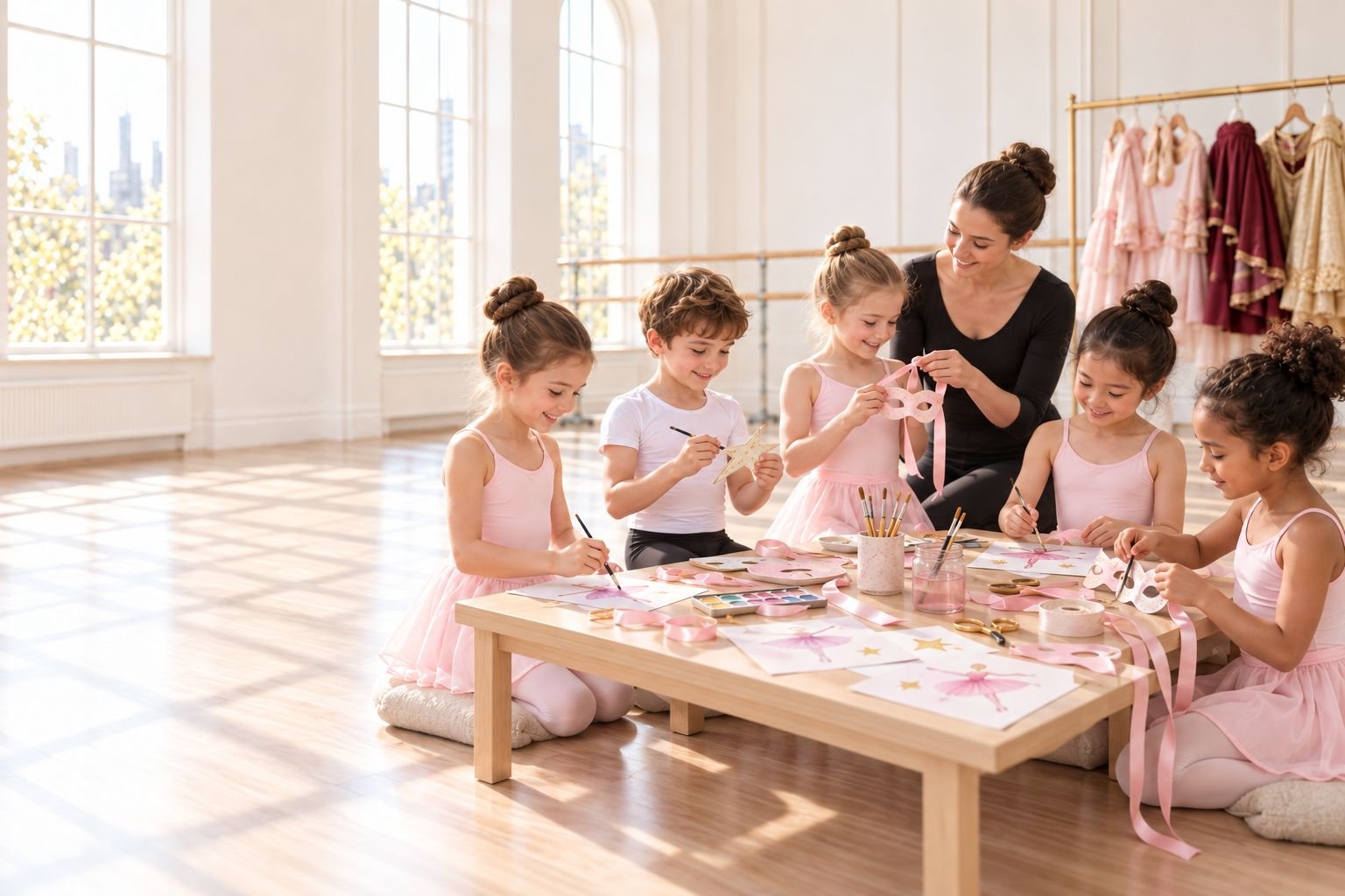 Kinder basteln mit ihrer Ballettlehrerin Kostüm- und Bühnenideen im sonnigen Ballettstudio