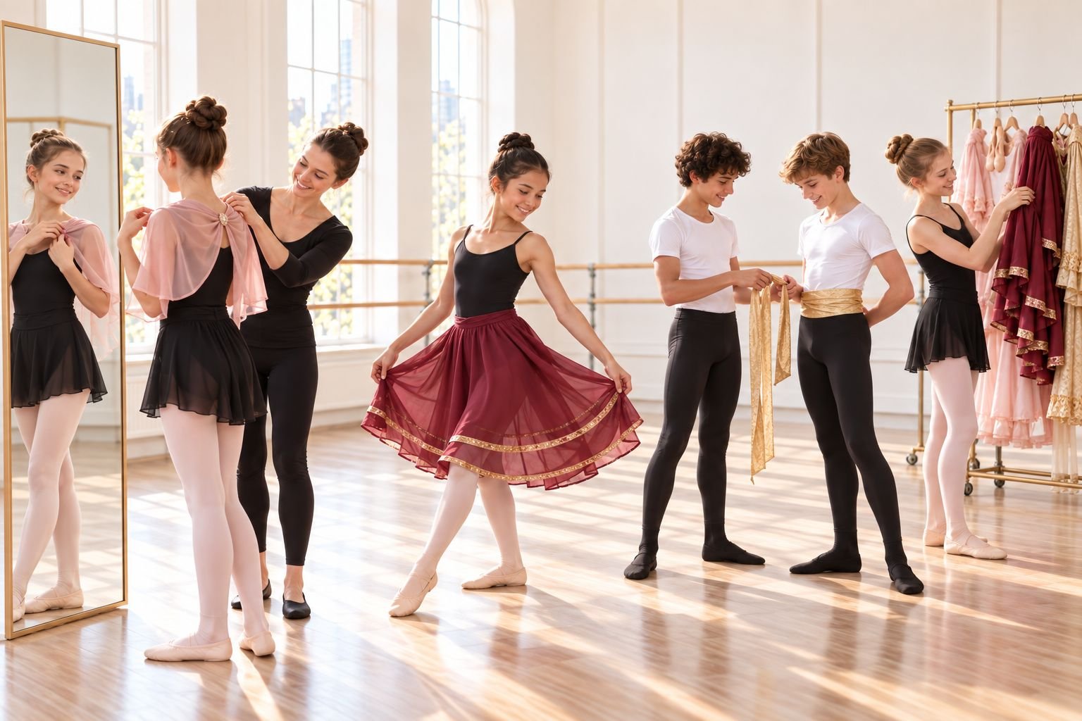 Ältere Ballettschülerinnen und Jungen erkunden Kostüme im Ballettstudio