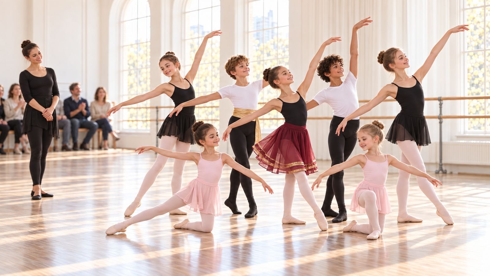 Kinder verschiedener Altersgruppen präsentieren eine gemeinsame Choreografie vor Familien im Ballettstudio